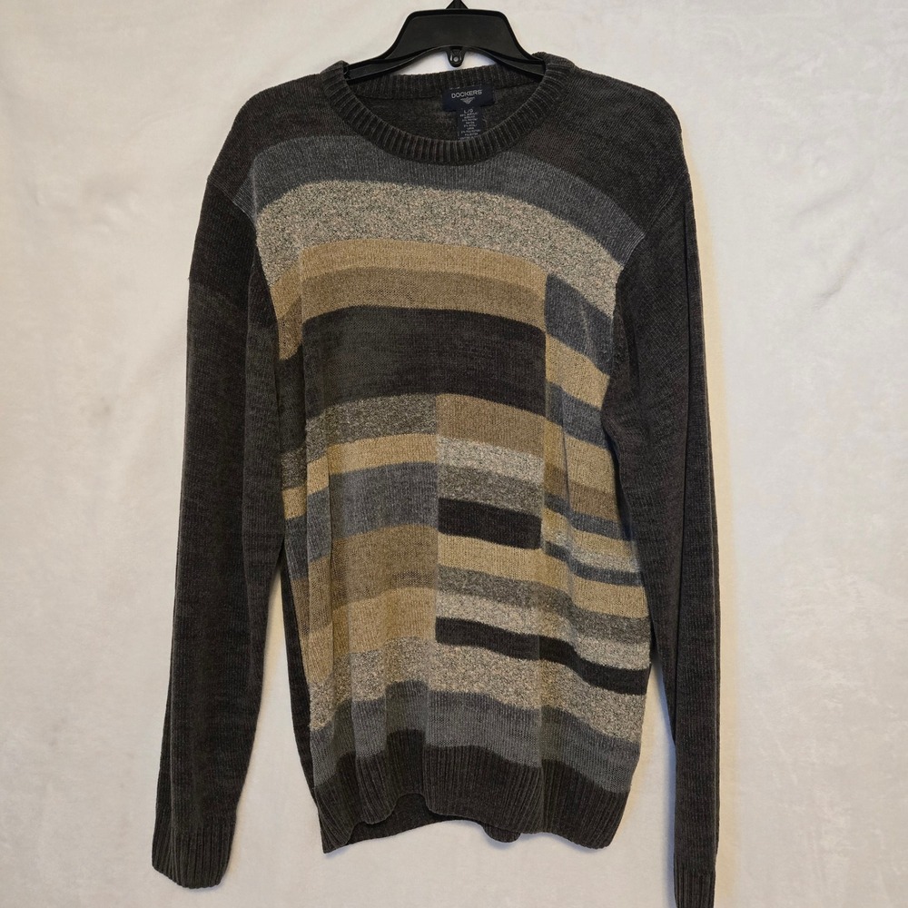 VINTAGE Dockers Men's Sweater LG Striped Geometric Pattern Long Sleeve Crew Neck
